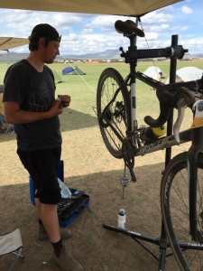 Our awesome tour mechanic Jordan sorting my bike after my crash