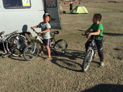 A couple of our visitors - I oiled their chains, and fixed the brakes of the boy in green's bike