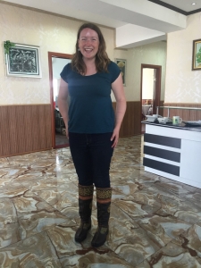 Liz modelling her new ceremonial Mongolian boots