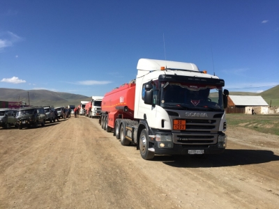 Empty fuel trucks waiting to return to Russia