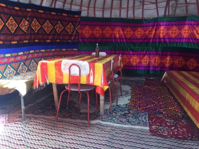 Inside a dining yurt on the edge of Issyk-kul