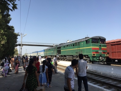 Train pulling into Denau station - seems a popular form of transport in Uzbekistan