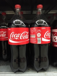 Monstrous (in both senses of the word) bottles of Coke in the supermarket!
