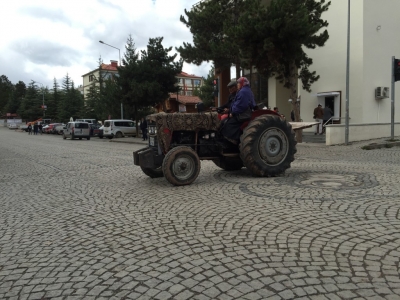Carpet-wrapped tractor in the middle of town