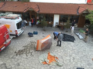 Tent drying in the courtyard below the hotel room I'm sharing with Roger